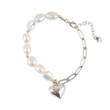 Foxanry Silver Chain Bracelets for Women Summer Sweet Pearls LOVE Heart