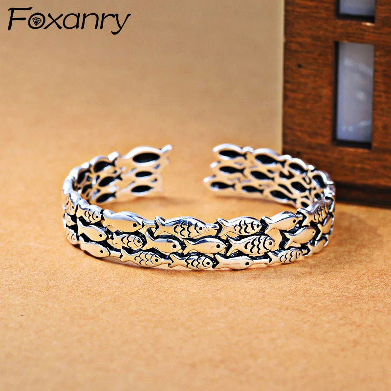 Foxanry Silver Charm Cuff Bracelet for Women Couples Thai Silver Fine Jewelry