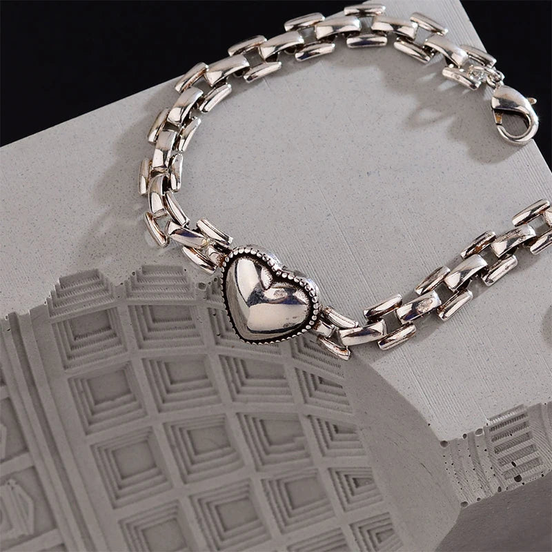Foxanry Silver Chain Bracelet for Couples Vintage Love Heart Geometric Jewelry