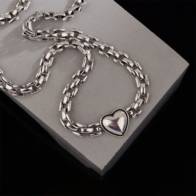 Foxanry Silver Chain Bracelet for Couples Vintage Love Heart Geometric Jewelry