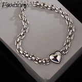 Foxanry Silver Chain Bracelet for Couples Vintage Love Heart Geometric Jewelry
