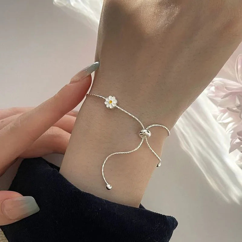 Foxanry Silver Daisy Flower Chain Bracelet for Women