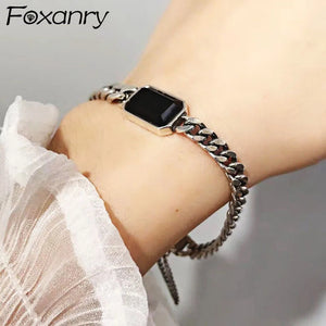 Foxanry Silver Punk Chain Bracelet for Women Zircon Hiphop Jewelry