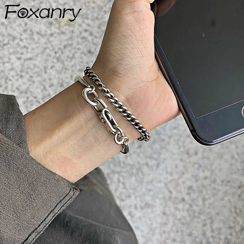 Foxanry Silver Chain Bracelet Women Vintage Lock Thai Silver Jewelry