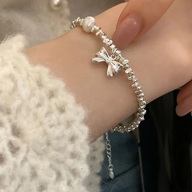 Foxanry Vintage Punk Silver Pearl Chain Bracelet Women Bow-knot Geometric