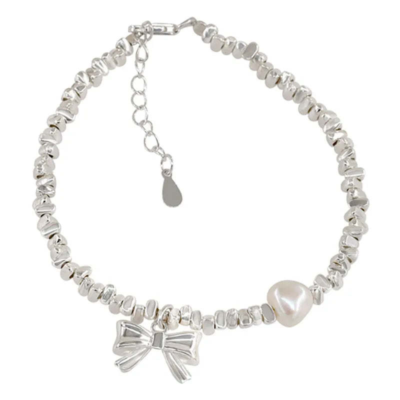 Foxanry Vintage Punk Silver Pearl Chain Bracelet Women Bow-knot Geometric