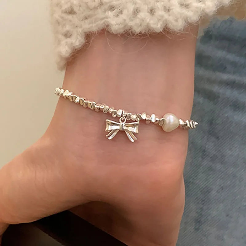 Foxanry Vintage Punk Silver Pearl Chain Bracelet Women Bow-knot Geometric