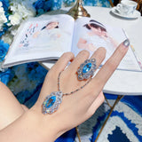 Foydjew Horse-eye Shape Zircon Sapphires Pendant Necklace Ring Set
