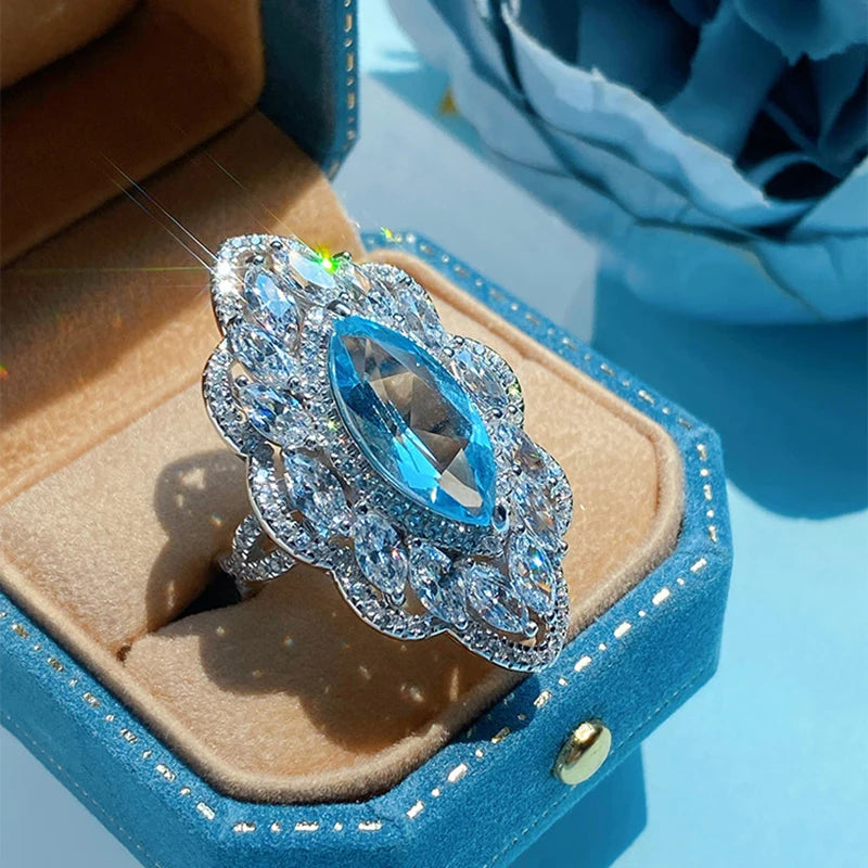 Foydjew Horse-eye Shape Zircon Sapphires Pendant Necklace Ring Set