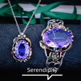 Foydjew Italian Retro Lotus Jewelry Sets Purple Stone Pendant Earring Ring Set