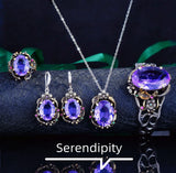 Foydjew Italian Retro Lotus Jewelry Sets Purple Stone Pendant Earring Ring Set