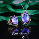 Foydjew Italian Retro Lotus Jewelry Sets Purple Stone Pendant Earring Ring Set