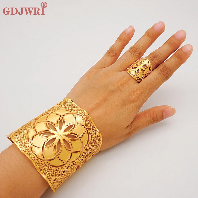 Adjustable Chain Cuff Bracelet & Ring Set Dubai Indian Moroccan Wedding Jewelry