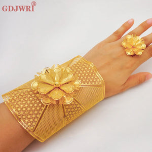 Chain Cuff Bangle & Ring for Women Dubai Indian Moroccan Big Bracelet Jewelry