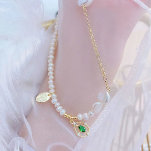 Baroque Pearl Necklace with Zircon and Emerald Inlay