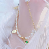Baroque Pearl Necklace with Zircon and Emerald Inlay
