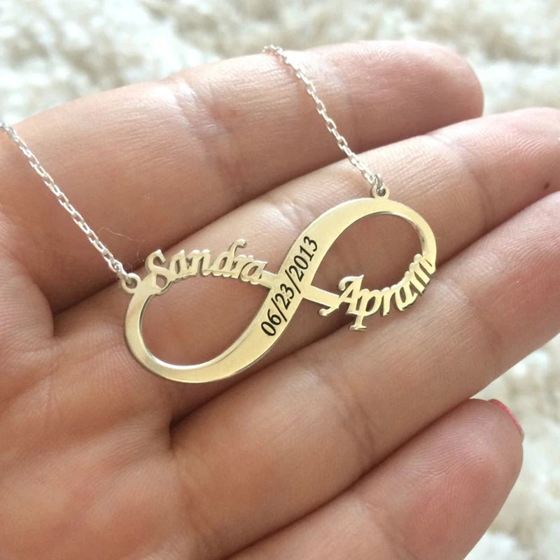 Boho Double Name Necklace Engraved Date Infinity Necklaces