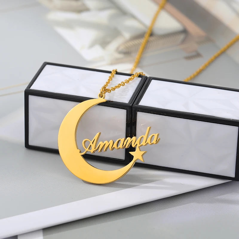 Moon Star Necklaces Stainless Steel Personalized Name Choker Necklace