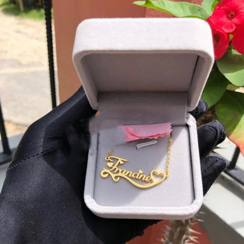 Box Name Necklace Personalized Ribbon Heart Pendant Necklace