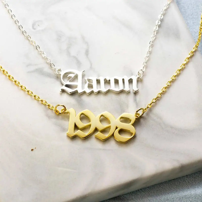 Old English Date Numbers Name Pendant Necklace Stainless Steel