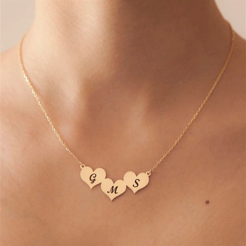 Three Heart Letters Necklace Stainless Steel Engraved Jewelry