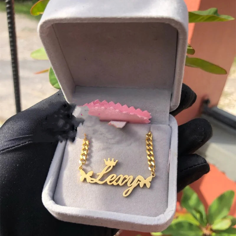 Crown Butterfly Name Necklace Personalized Stainless Steel Chain