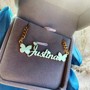Crown Butterfly Name Necklace Personalized Stainless Steel Chain
