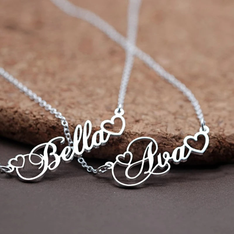 Personalized Name Necklace Double Empty Heart Nameplate Pendant Necklace