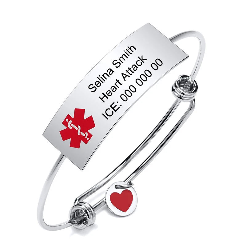 Women's Medical Alert ID Bracelet, Stainless Steel Cuff Bangle, Custom ICE Info