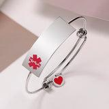 Women's Medical Alert ID Bracelet, Stainless Steel Cuff Bangle, Custom ICE Info