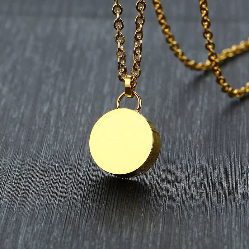 Engraved Round Tag Cremation Urn Pendant Necklace - Stainless Steel