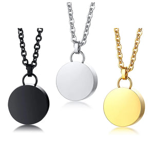 Engraved Round Tag Cremation Urn Pendant Necklace - Stainless Steel