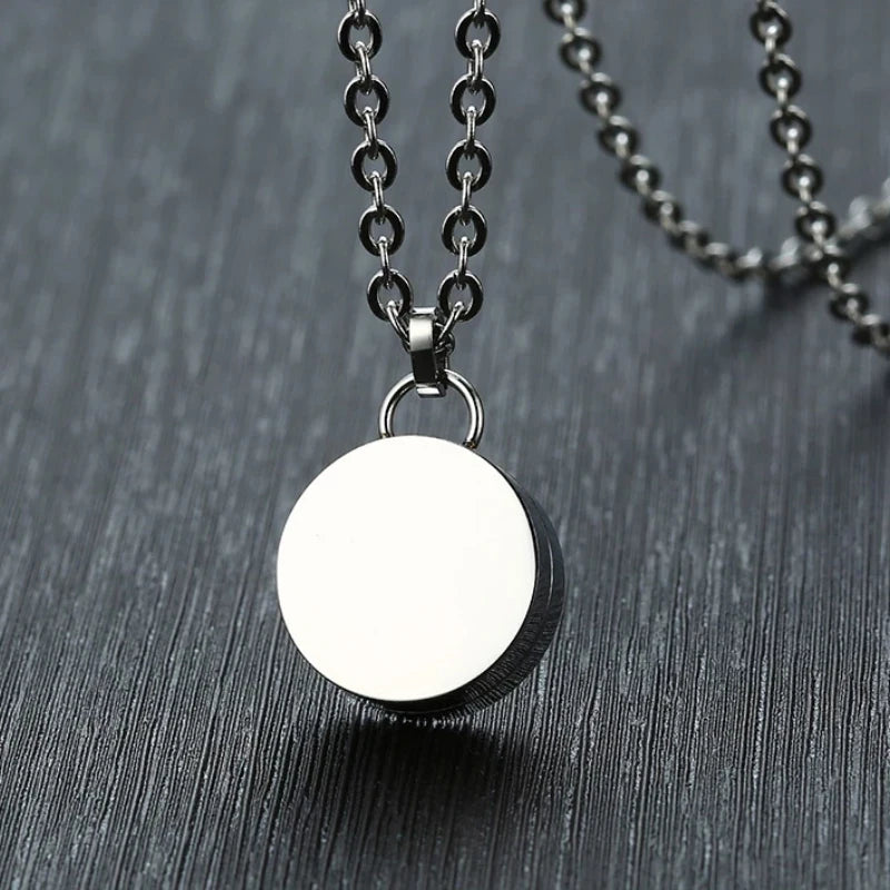 Engraved Round Tag Cremation Urn Pendant Necklace - Stainless Steel