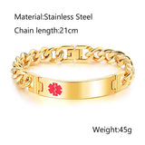 Engraved Medical Alert Bracelet Men Stainless Steel Chain Emergency Jewelry
