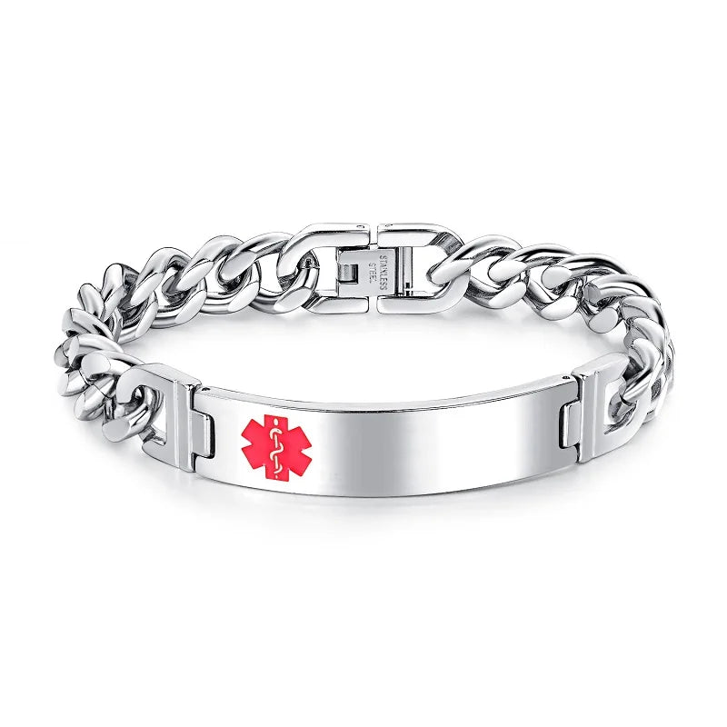 Engraved Medical Alert Bracelet Men Stainless Steel Chain Emergency Jewelry