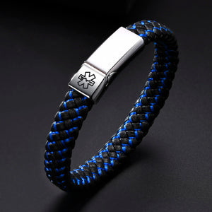 Men's Black Leather Bracelet with Stainless Steel Buckle