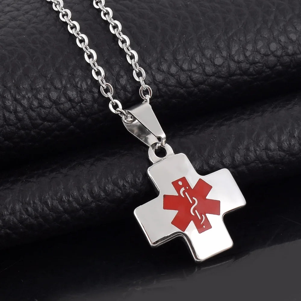 Personalized Stainless Steel Cross Diabetic Medical Alert ID Necklace