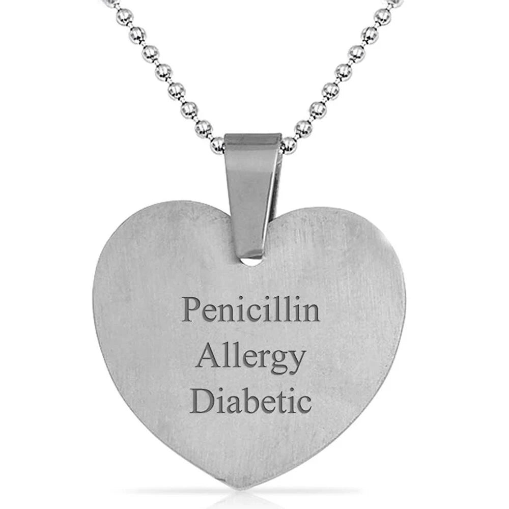 Personalized Heart Medical Alert ID Necklace Engraved Dog Tags Pendant