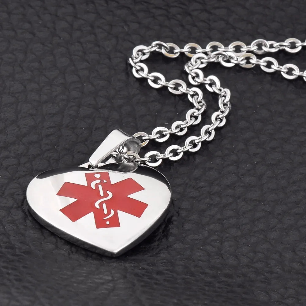 Personalized Heart Medical Alert ID Necklace Engraved Dog Tags Pendant