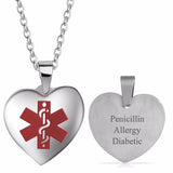 Personalized Heart Medical Alert ID Necklace Engraved Dog Tags Pendant