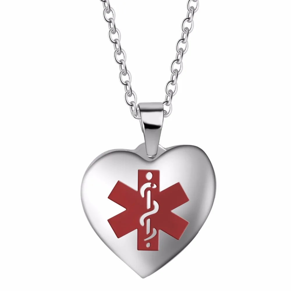 Personalized Heart Medical Alert ID Necklace Engraved Dog Tags Pendant