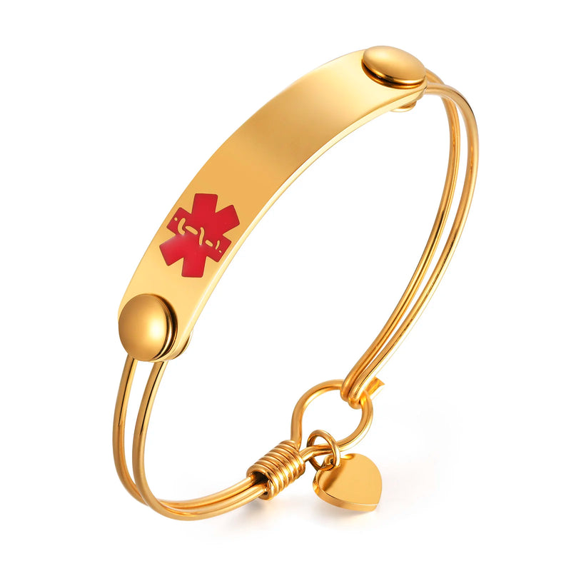 Women Medical Alert ID Bangle Bracelet Stainless Steel ICE Engrave