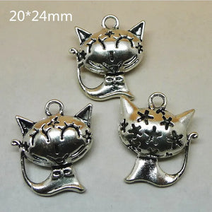 10 Pcs 3D Cat Charms Pendant Antique Silver Plated Necklace Pendant