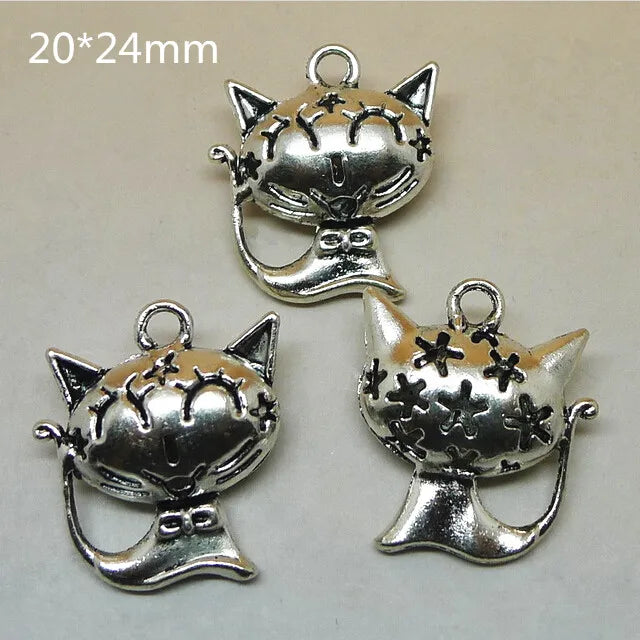 10 Pcs 3D Cat Charms Pendant Antique Silver Plated Necklace Pendant