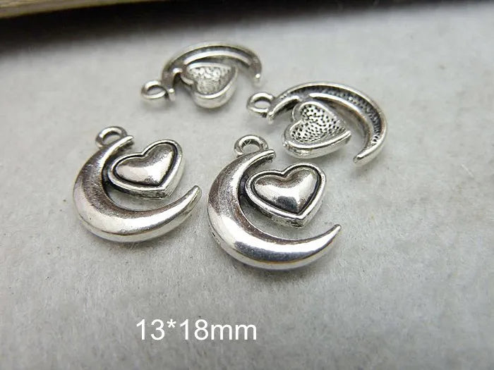 100 PCS Tibetan Silver Moon Heart Charms Pendant 13*18mm DIY Jewelry Findings