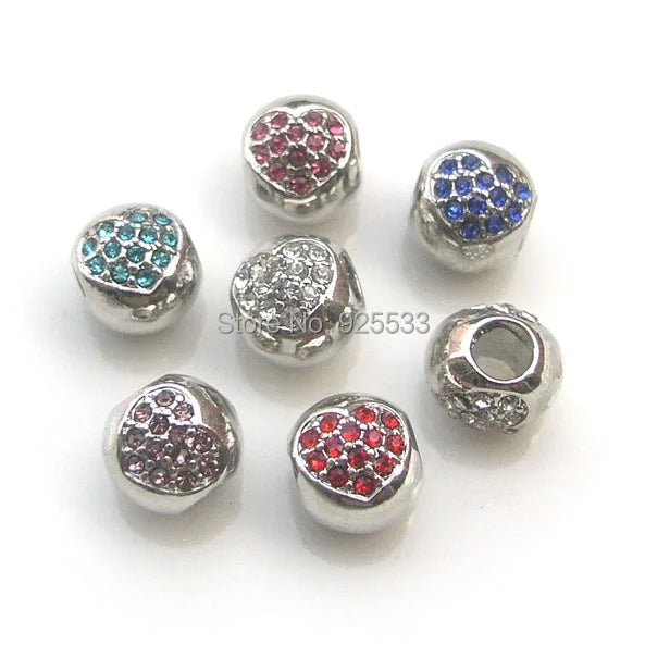 10pcs Silver Plated Big Hole Rhinestone Heart Charms for Bracelet DIY