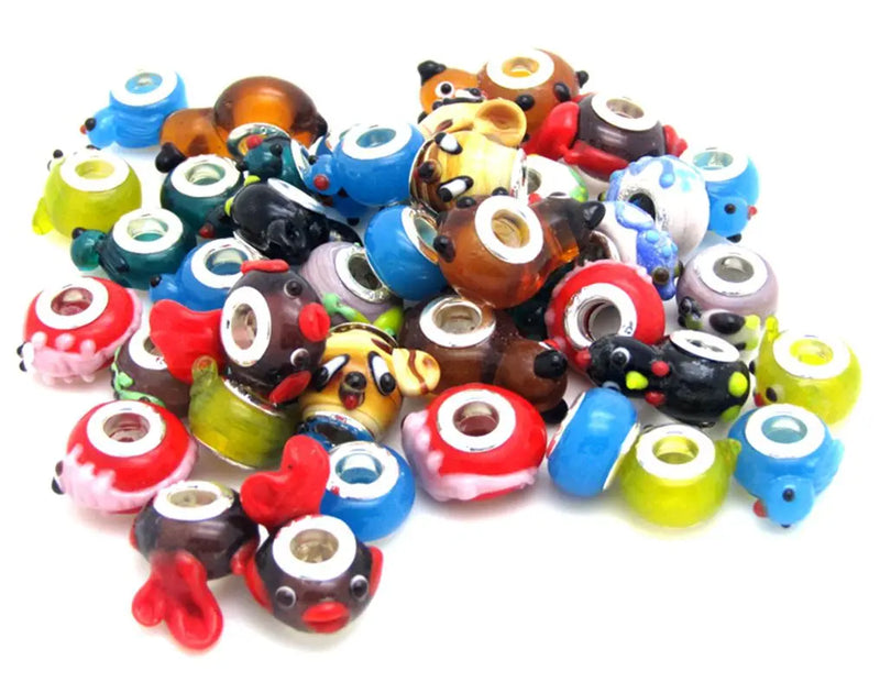 45pc Animal Lampwork Glass Beads Silver European Charm Bracelet