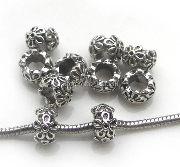 50pcs 12mm Antique Silver Flower Alloy Beads for European Bracelet DIY