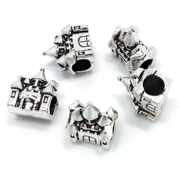 50pcs Antique Silver Plated Castle Beads for European Bracelet Charms DIY