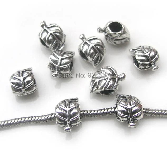 50pcs Antique Silver Alloy Leaf Shape Big Hole Beads European Bracelet DIY